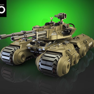 May include: A futuristic, beige-coloured tank with multiple cannons and a detailed design. The tank has large, treaded wheels and a complex, multi-layered turret.