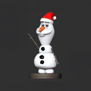 May include: A white snowman figurine wearing a red Santa hat with a black button nose and three black buttons. The snowman is holding a twig in its right hand and is standing on a brown base.