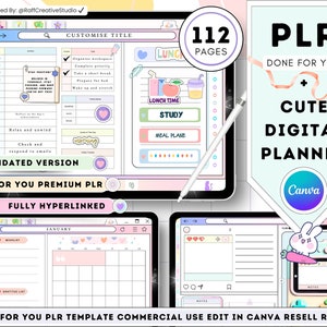 May include: A digital planner with a cute design, featuring a 112-page layout. The planner includes sections for daily activities, meal planning, and study schedules. The design incorporates pastel colors and is fully hyperlinked.