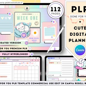 Puede incluir: Un planificador digital con un diseño lindo, con un gato blanco, corazones y colores pastel. El planificador incluye secciones para la planificación semanal, notas y una lista de deseos. El texto en la imagen dice "PLR Done For You Cute Digital Planner" y "112 páginas".