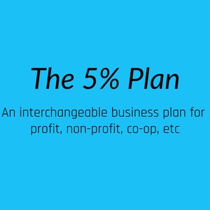 Puede incluir: Un fondo azul con el texto "The 5% Plan" en negro. Debajo del texto está la frase "Un plan de negocios intercambiable para empresas con fines de lucro, sin fines de lucro, cooperativas, etc."