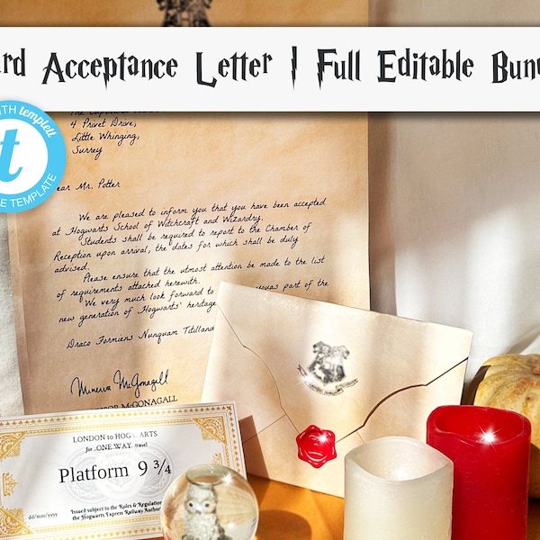 Personalized, Editable, and Printable Wizard Acceptance Letter, Envelope, and Ticket to Hogwar Wizard Party Invitation