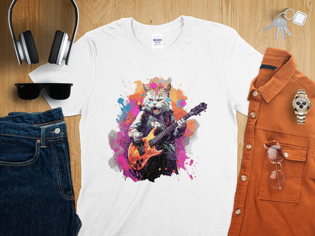 Rock Band Cat T-shirt, Cool Guitarist Kitten Tee, Vibrant Musician Cat ...