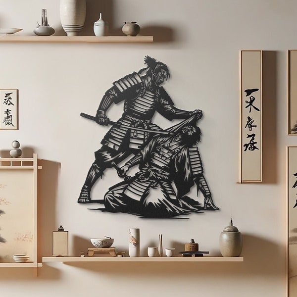 Art mural en métal, bataille de samouraï, décoration de rencontre avec un guerrier, décoration murale de samouraï esthétique, oeuvre d'art élégante pour le salon