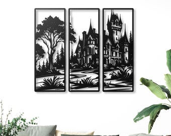 Arte de parede em metal com silhueta de castelo gótico, tríptico para decoração de fantasia.