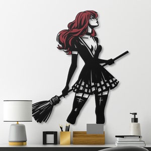 Red-Haired Witch Metal Wall Art: Halloween Silhouette Decor