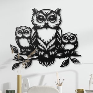 Arte murale in metallo raffigurante una famiglia di gufi / Decorazione rustica con gufi / Decorazione per la casa in stile bosco