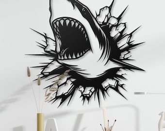 Shark Attack Metal Wall Art  Modern Shark Wall Decor, Bold Shark Burst Wall Sculpture, Unique Nautical Home Decor