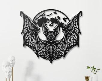 Gothic Full Moon Bat Metal Wall Art Nocturnal Home Decor