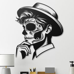 Arte de pared de metal con calavera de azúcar del Día de los Muertos, decoración de esqueleto para el Día de los Muertos, colgante de pared con calavera única, regalo de arte mexicano