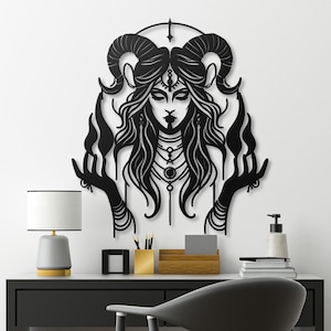 Mystical Horned Sorceress Metal Wall Art - Witchy Home Decor - Occult Themed Wall Hanging
