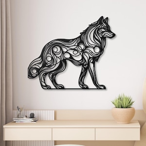 Arte de pared de lobo de metal: decoración geométrica moderna de animales para sala de estar, oficina y como regalo.