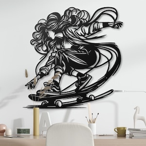 Skater Girl Metal Wall Art | Modern Skater Metal Artwork | Skateboard Decor for Teens | Cool Metal Wall Art for Living Room