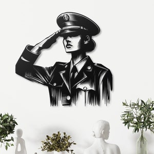 Metalen muurkunst vrouwelijke soldaat: patriottisch militair eerbetoon