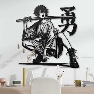 Samurai Woman Metal Wall Art with Japanese Kanji Symbol, Warrior Aesthetic Decor, Unique Katana Art Piece for Home or Office