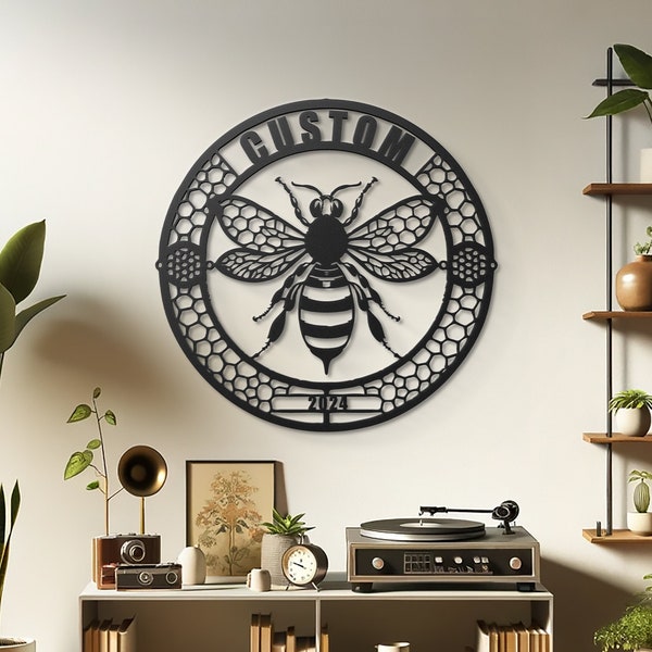 Custom Bee Metal Wall Art, Honeybee and Hives Sculpture, Personalized Apiary Decor, Unique Bee Farm Circular Artwork Beekeeper Gift