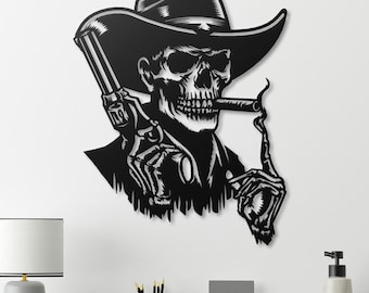 Skeletal Cowboy Metal Wall Art Western Outlaw Decor Gothic Living Room Statement Piece Aesthetic Room Decor