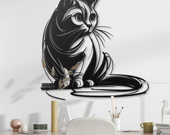 Gato sentado, arte de pared de metal, decoración moderna y minimalista para mascotas.