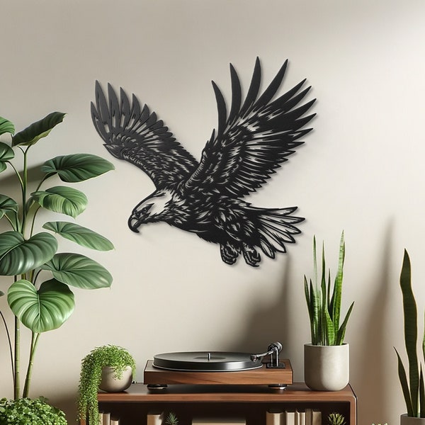 Majestätischer Adlerflug, Metallwandkunst, dynamische Vogeldekoration, modernes Wohnzimmer, ästhetische Tierweltkunst, Tierwanddekoration, Adlerkunst