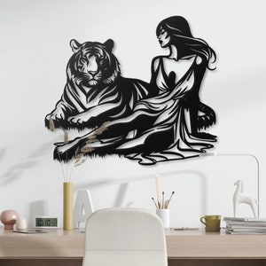 Elegant Tiger & Woman Metal Wall Art | Unique Animal-Inspired Decor | Modern Home Accent