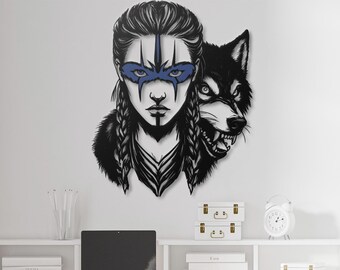 Viking Warrior & Wolf Metal Wall Art  Valkyrie Art | Tribal Norse Wall Decor for Home  Office