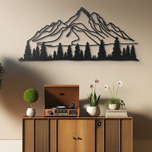 Metal Mountain Range Wall Art: Pine Tree Forest, Black Steel Decor