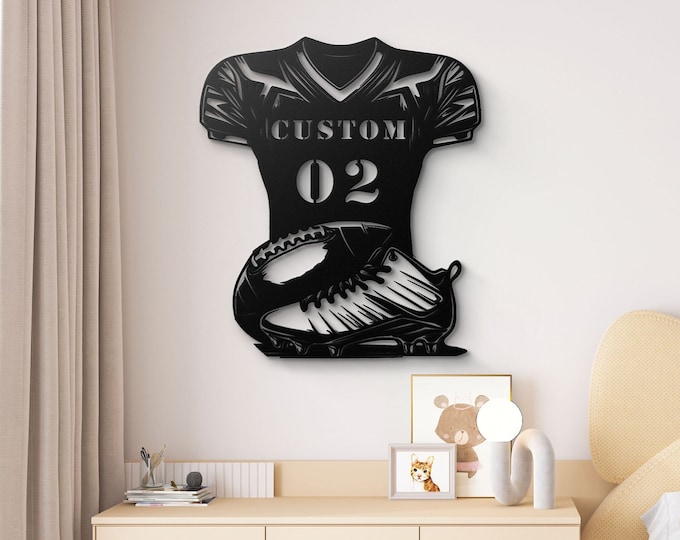 Custom Football Jersey and Cleats Metal Wall Art – Personalized Sports Decor, Gift for Football Players and Fans