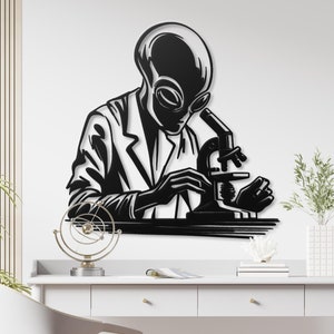 Alien Scientist Metal Wall Art | Sci-Fi Alien Lab Decor | Unique Extraterrestrial with Microscope Wall Hanging Futuristic Space Themed Decor