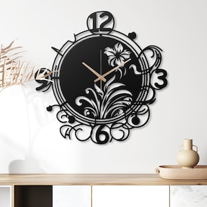 Black Metal Floral Wall Clock: Elegant Home Decor, Indoor/Outdoor Decor