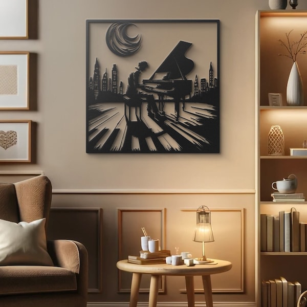Pianist Moonlight Sonata Metal Wall Art - Urban Skyline Decor, Music Lover Gift, Modern Home Decoration