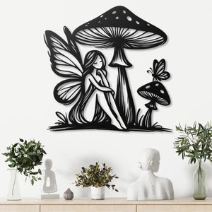 Fairy and Mushroom Metal Wall Art - Magical Woodland Decor, Nature-Inspired Fantasy Wall Hanging