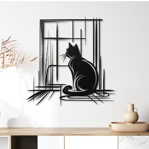 Minimalist Black Cat Metal Wall Art - Modern Line Art Home Decor for Cat Lovers