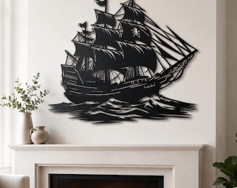 May include: A black metal wall art piece depicting a large sailing ship with multiple masts and sails, including one sail featuring a skull and crossbones pirate emblem. The ship is shown navigating through stylized, choppy waves at the base.