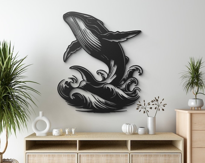 Whale Metal Wall Art: Nautical Ocean Waves Marine Life Sculpture for Coastal Decor