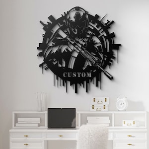 Aangepaste metalen muurkunst soldaat | Militair decor | Uniek tactisch cadeau | Metalen silhouetkunst | Muurkunst leger