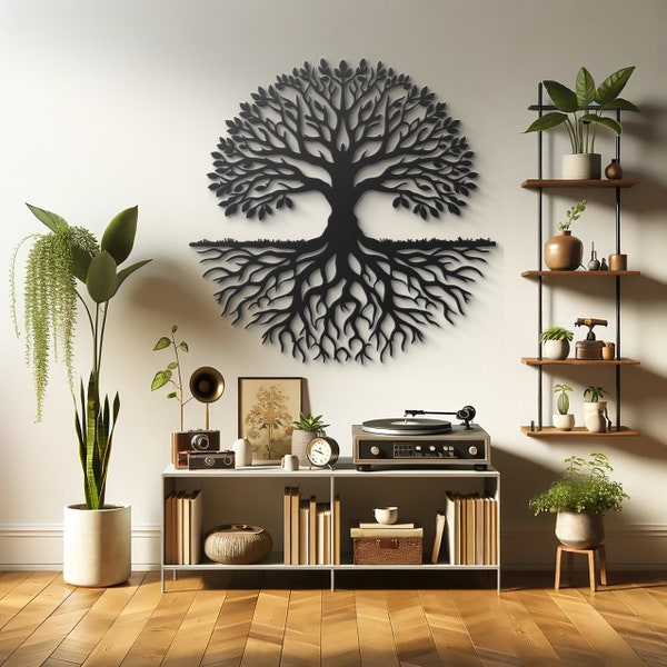 Arte de pared de metal del Árbol de la vida: silueta intrincada de raíces y ramas para una decoración armoniosa del hogar