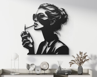 Fashionista Metal Wall Art: Glamorous Lady with Sunglasses and Cigarette for Stylish Decor