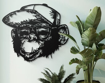 Monkey Metal Wall Art Hand Drawing Style Monkey With Glasses Art Chimp Wall Decor Monkey With Hat Chimp Wall Art Animal Wall Decoration Gift