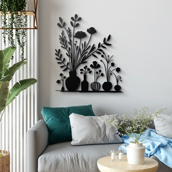 Elegant Black Metal Vase and Wildflowers Wall Art - Chic Botanical Decor for Living Room, Bedroom, and Hallway