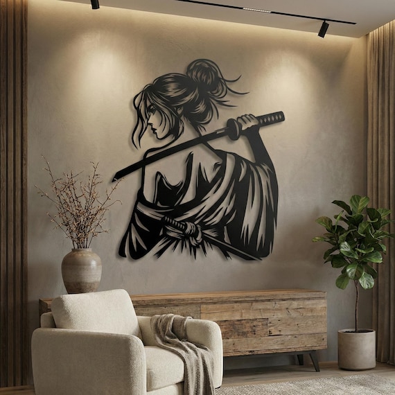 Samurai Woman Metal Wall Art: Japanese Katana Home Decor