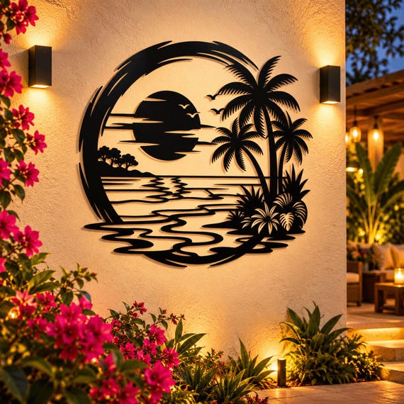 Tropical Metal Wall Art, Palm Tree Beach Decor, Coastal Ocean Wall Decor, Sunset Metal Art, Boho Living Room Patio Decor, Beach House Gift