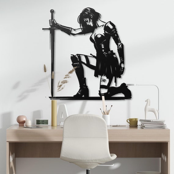 Warrior Woman Metal Wall Art, Female Knight Wall Decor, Medieval Sword Wall Hanging, Gothic Warrior Metal Sculpture, Battle Art