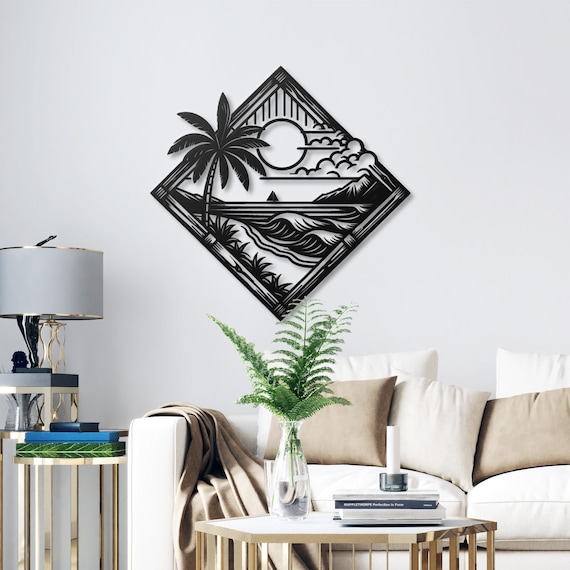 Tropical Paradise Metal Wall Art | Palm Tree & Beach Decor | Coastal Wall Hanging | Nautical Beach Scene