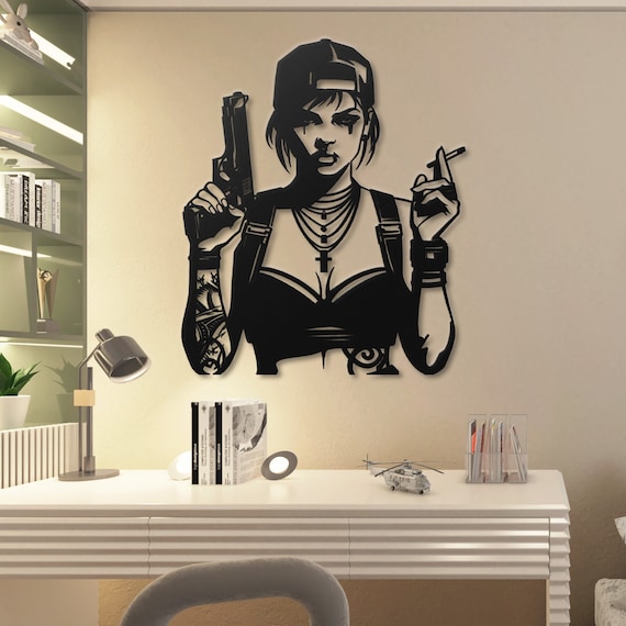 Badass Female Metal Wall Art, Edgy Girl with Gun Decor, Bold Urban Wall Sculpture, Fierce Metal Wall Hanging, Unique Gift for Strong Women