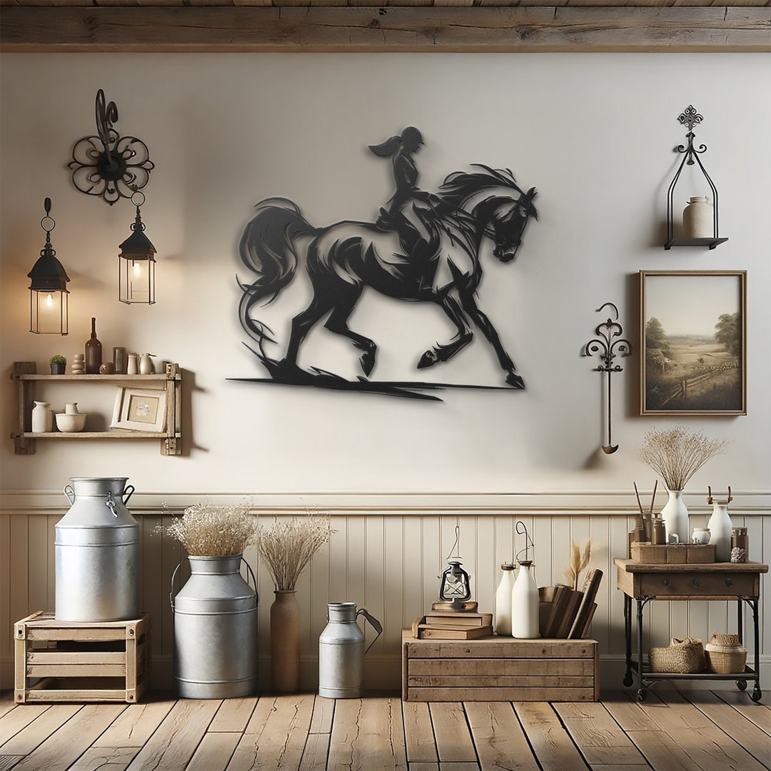 Equestrian Grace Metal Wall Art Female Jockey and Horse Dynamic Decor