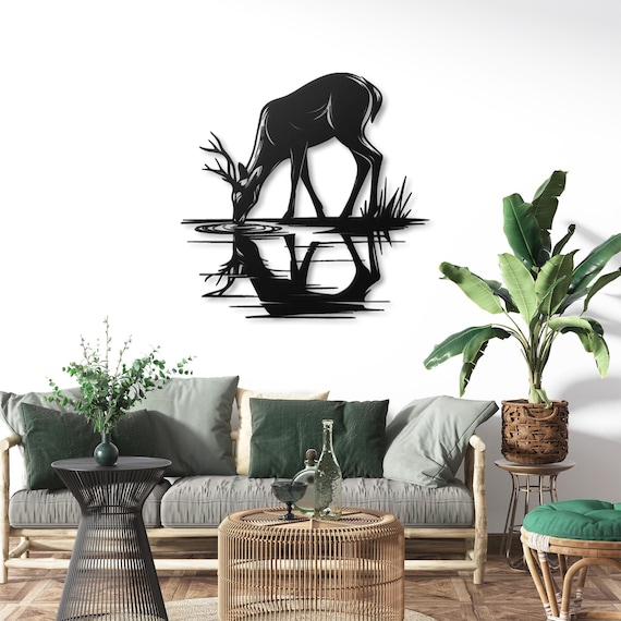 Deer Drinking at Lake Metal Wall Art, Nature Decor, Wildlife Art, Forest Scene, Rustic Wall Hanging, Cabin Decor, Gift for Nature Lover