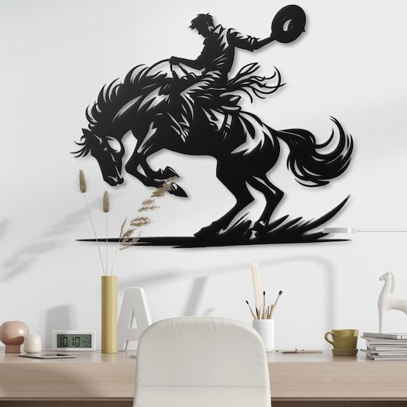 Western Cowboy Riding Metal Wall Art | Rustic Rodeo Horse and Rider Design | Cowboy Home Decor | Country Style Metal Wall Hanging for Home