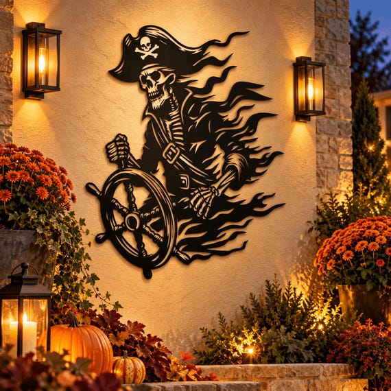 Pirate Skull Metal Wall Art, Nautical Skeleton Captain Decor