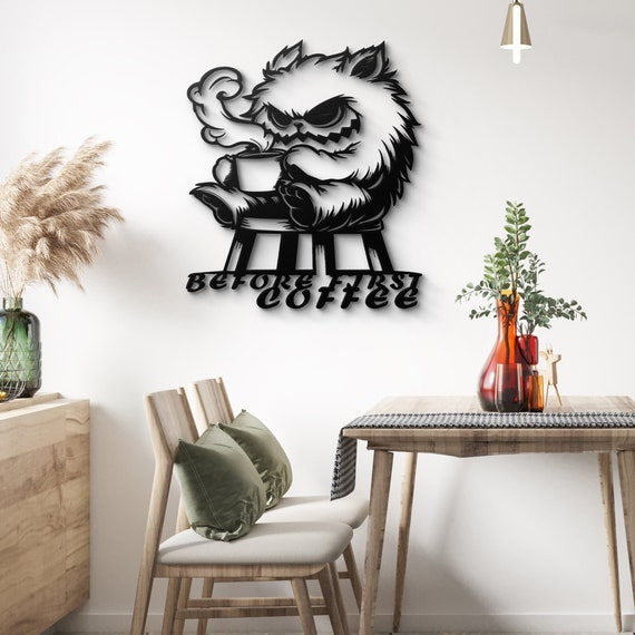 Grumpy Monster Coffee Lover Metal Wall Art - Funny Coffee Decor for Kitchen - Perfect Gift for Coffee Addicts - Before First Coffee Sign