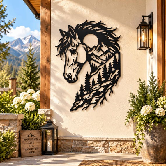 Horse Metal Wall Art with Mountains and Pine Trees, Rustic Western Cabin Decor